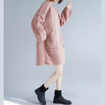stylisches rosa Frühlings-Baumwollkleid Oversize Langarm dicke Frühlingskleider große Taschen