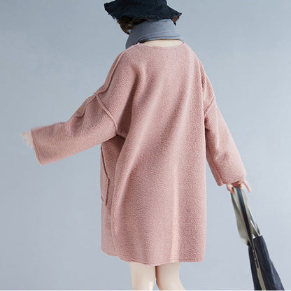 stylisches rosa Frühlings-Baumwollkleid Oversize Langarm dicke Frühlingskleider große Taschen