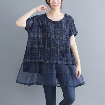 stylische karierte Baumwoll-Leinen-Oberteile, trendige Urlaubsoberteile in Übergröße, elegante Patchwork-Midi-Oberteile mit Rundhalsausschnitt und Fledermausärmeln