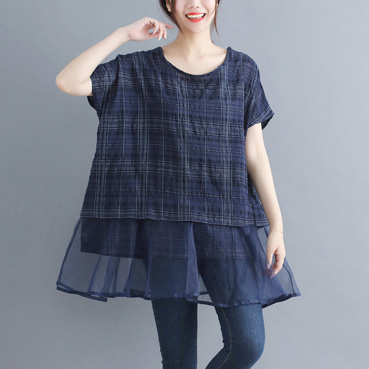 stylische karierte Baumwoll-Leinen-Oberteile, trendige Urlaubsoberteile in Übergröße, elegante Patchwork-Midi-Oberteile mit Rundhalsausschnitt und Fledermausärmeln