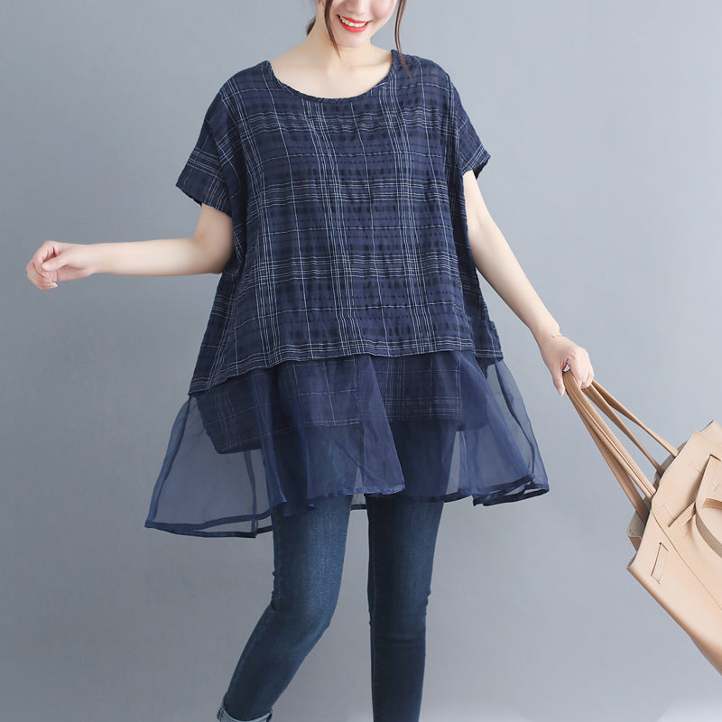 stylische karierte Baumwoll-Leinen-Oberteile, trendige Urlaubsoberteile in Übergröße, elegante Patchwork-Midi-Oberteile mit Rundhalsausschnitt und Fledermausärmeln