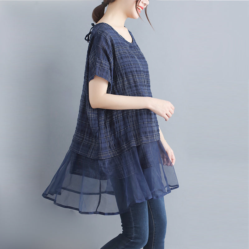 stylische karierte Baumwoll-Leinen-Oberteile, trendige Urlaubsoberteile in Übergröße, elegante Patchwork-Midi-Oberteile mit Rundhalsausschnitt und Fledermausärmeln