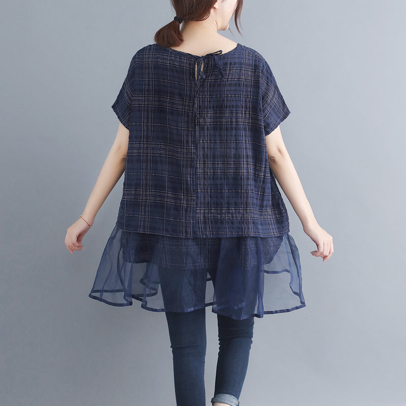 stylische karierte Baumwoll-Leinen-Oberteile, trendige Urlaubsoberteile in Übergröße, elegante Patchwork-Midi-Oberteile mit Rundhalsausschnitt und Fledermausärmeln