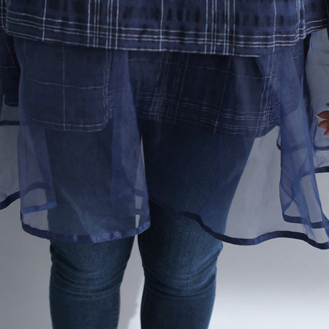 stylische karierte Baumwoll-Leinen-Oberteile, trendige Urlaubsoberteile in Übergröße, elegante Patchwork-Midi-Oberteile mit Rundhalsausschnitt und Fledermausärmeln