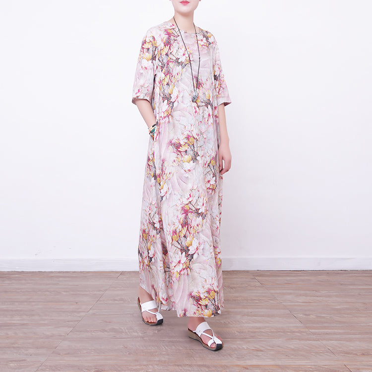 Stilvolle Drucke Leinen Maxi-Kleid übergroßen O-Ausschnitt Reisekleidung Neue Halbarm Maxi-Kleider