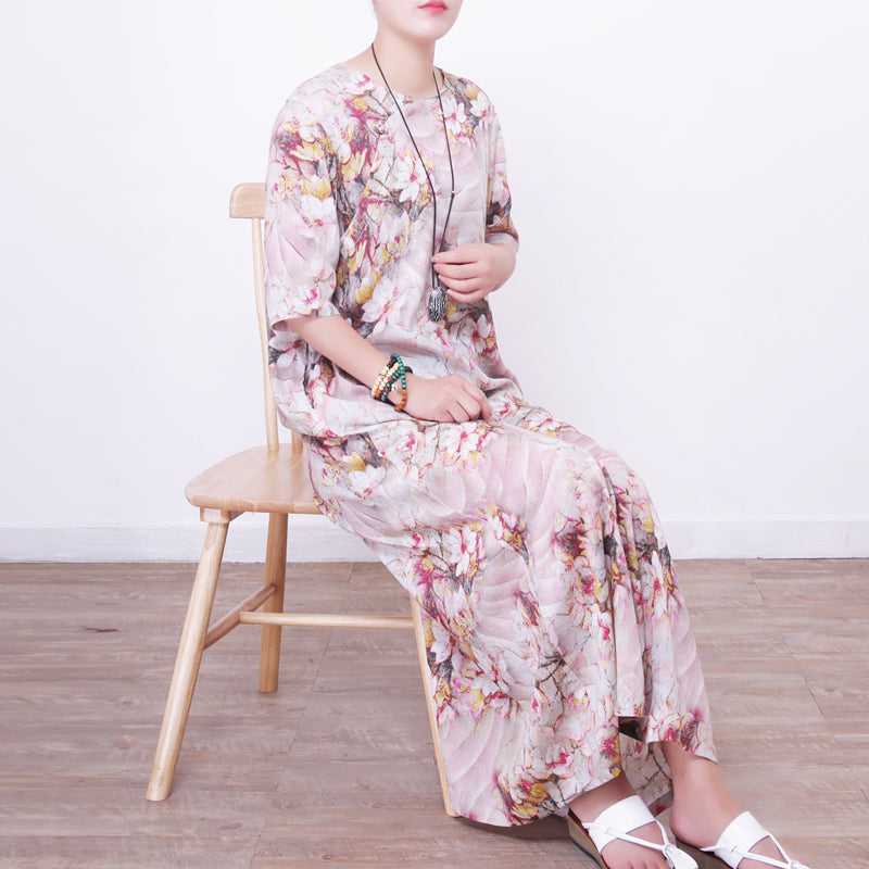 Stilvolle Drucke Leinen Maxi-Kleid übergroßen O-Ausschnitt Reisekleidung Neue Halbarm Maxi-Kleider