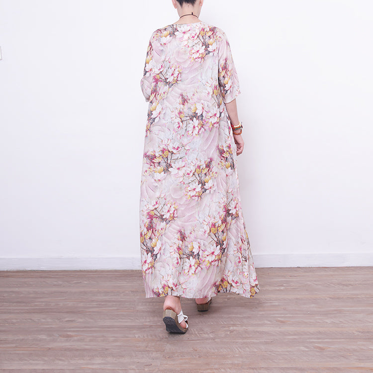 Stilvolle Drucke Leinen Maxi-Kleid übergroßen O-Ausschnitt Reisekleidung Neue Halbarm Maxi-Kleider