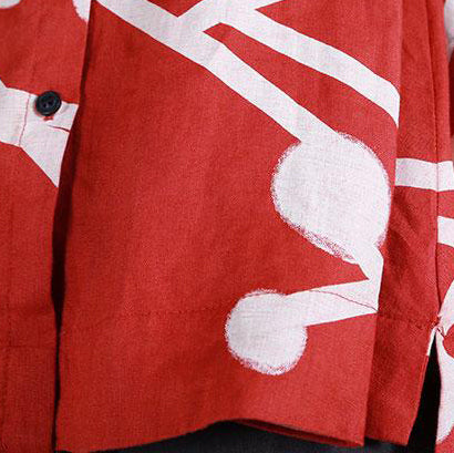 stylische Oberteile aus reinem Leinen, übergroße, einreihige rote Bluse mit Stehkragen und Aufdruck
