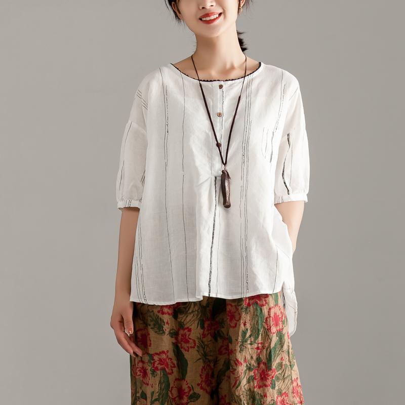 stylische Oberteile aus reinem Leinen in Übergröße, Rundhalsausschnitt, Halbarm, Streifen-Pulloverbluse