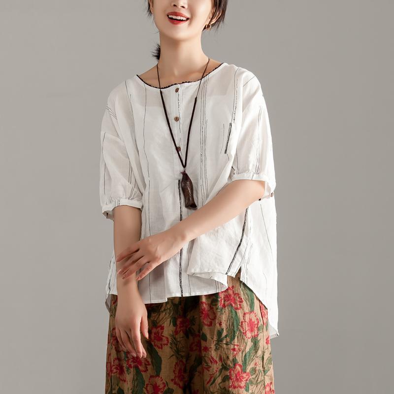 stylische Oberteile aus reinem Leinen in Übergröße, Rundhalsausschnitt, Halbarm, Streifen-Pulloverbluse