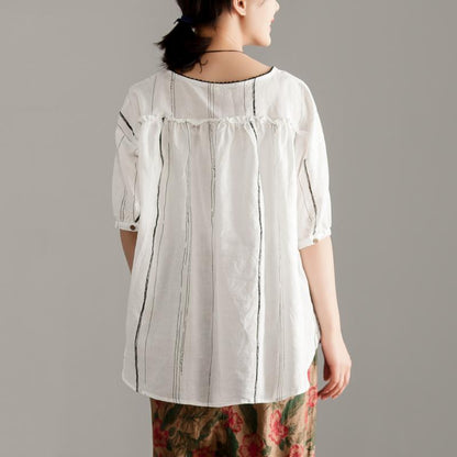 stylische Oberteile aus reinem Leinen in Übergröße, Rundhalsausschnitt, Halbarm, Streifen-Pulloverbluse