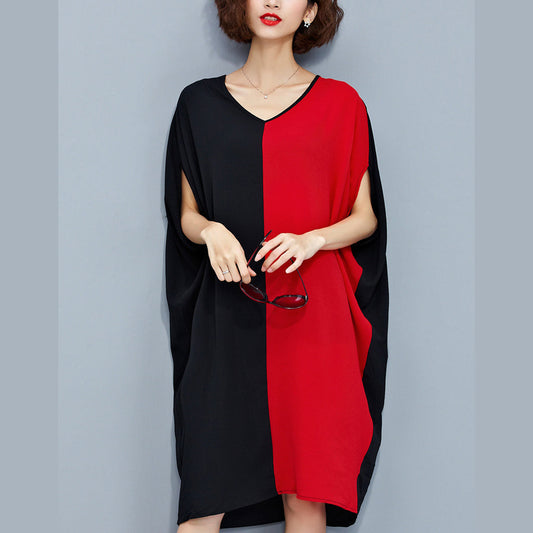 stilvolle rot-schwarze Patchwork-Chiffon-Polyester-Kleider trendige Reisekleidung in Übergröße feine Kleidung mit Fledermausärmeln