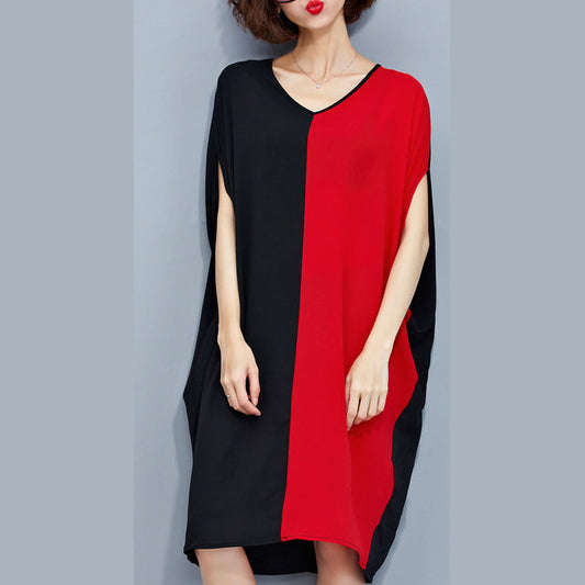 stilvolle rot-schwarze Patchwork-Chiffon-Polyester-Kleider trendige Reisekleidung in Übergröße feine Kleidung mit Fledermausärmeln