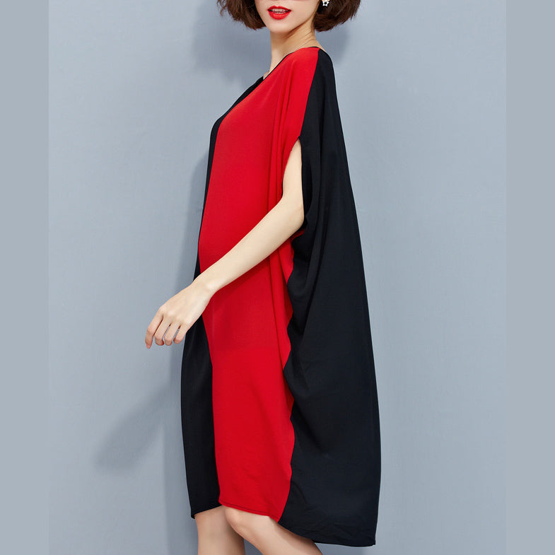 stilvolle rot-schwarze Patchwork-Chiffon-Polyester-Kleider trendige Reisekleidung in Übergröße feine Kleidung mit Fledermausärmeln