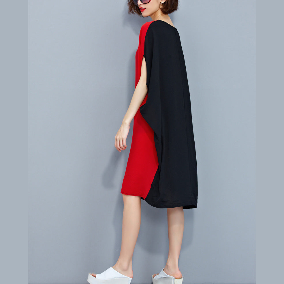 stilvolle rot-schwarze Patchwork-Chiffon-Polyester-Kleider trendige Reisekleidung in Übergröße feine Kleidung mit Fledermausärmeln