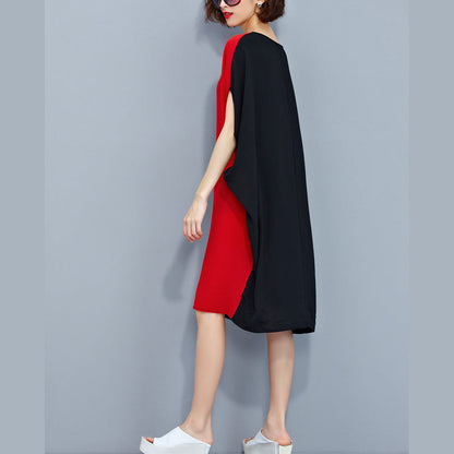 stilvolle rot-schwarze Patchwork-Chiffon-Polyester-Kleider trendige Reisekleidung in Übergröße feine Kleidung mit Fledermausärmeln