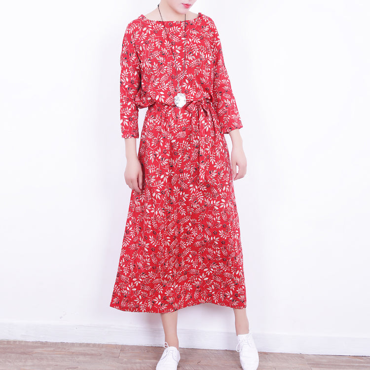 Stilvolles rotes Leinenkleid mit Blumenmuster, lässiger Kaftan mit O-Ausschnitt, neue Maxikleider mit Bindegürtel