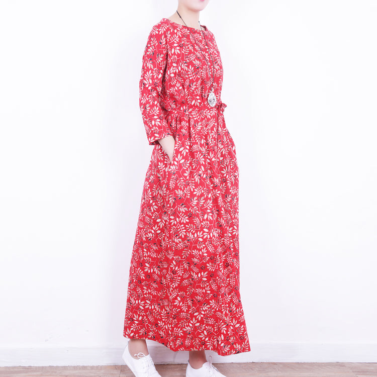 Stilvolles rotes Leinenkleid mit Blumenmuster, lässiger Kaftan mit O-Ausschnitt, neue Maxikleider mit Bindegürtel