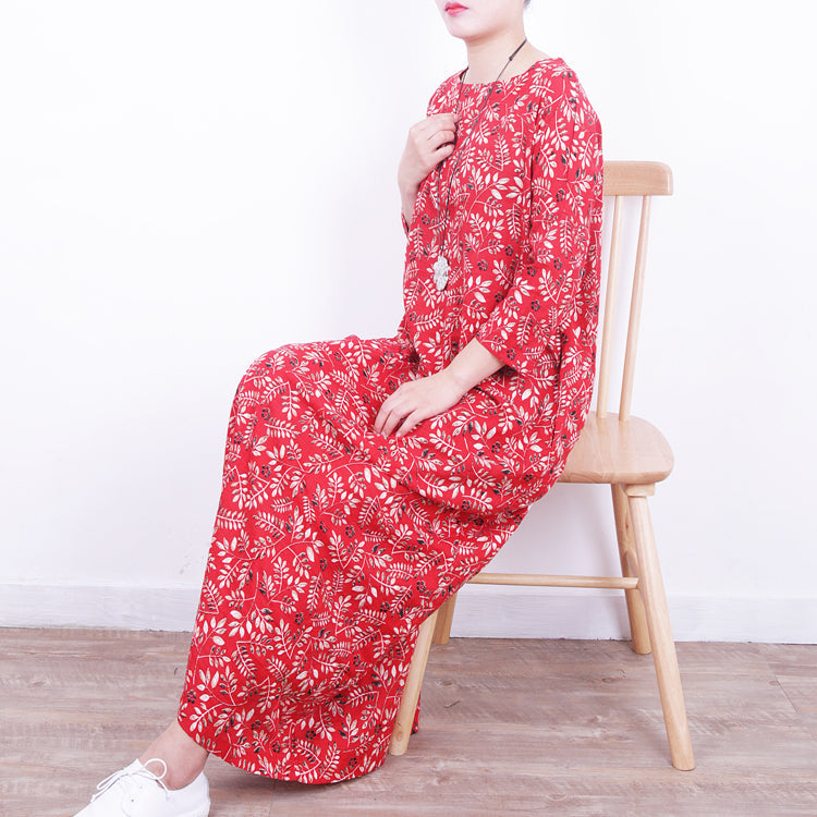 Stilvolles rotes Leinenkleid mit Blumenmuster, lässiger Kaftan mit O-Ausschnitt, neue Maxikleider mit Bindegürtel
