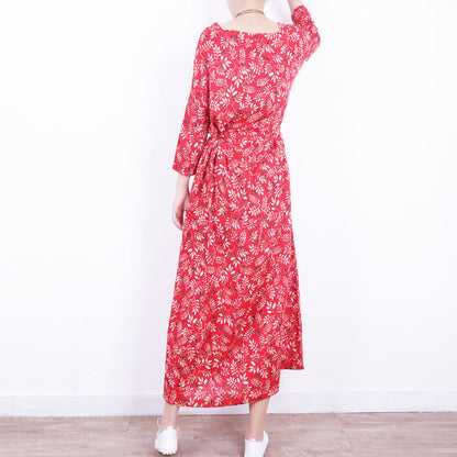 Stilvolles rotes Leinenkleid mit Blumenmuster, lässiger Kaftan mit O-Ausschnitt, neue Maxikleider mit Bindegürtel