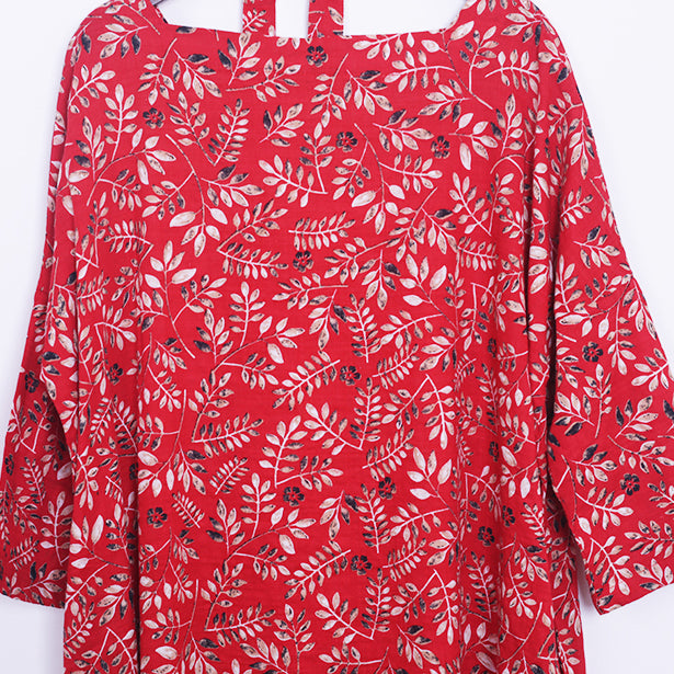 Stilvolles rotes Leinenkleid mit Blumenmuster, lässiger Kaftan mit O-Ausschnitt, neue Maxikleider mit Bindegürtel