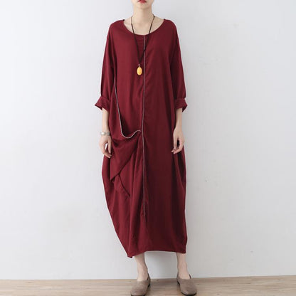 stylisches rotes Leinenkleid oversize asymmetrischer Saum Reisekleidung Neue asymmetrische Kaftane mit Reißverschluss
