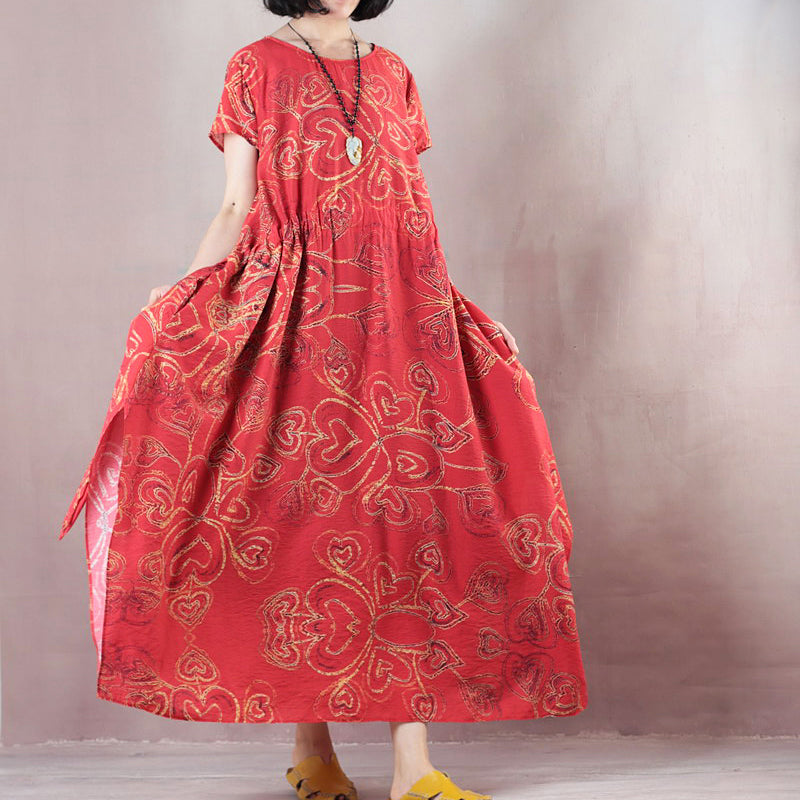 stylisches rotes Leinen Maxikleid lässig O-Ausschnitt Print Reisekleidung Damen Kurzarm Baggy Kleider Leinen Kaftane