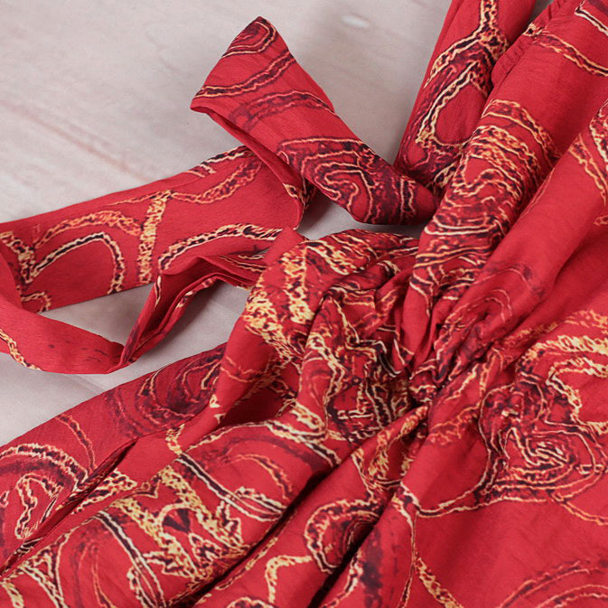 stylisches rotes Leinen Maxikleid lässig O-Ausschnitt Print Reisekleidung Damen Kurzarm Baggy Kleider Leinen Kaftane