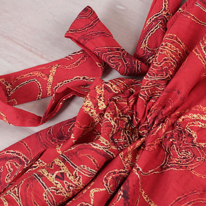 stylisches rotes Leinen Maxikleid lässig O-Ausschnitt Print Reisekleidung Damen Kurzarm Baggy Kleider Leinen Kaftane