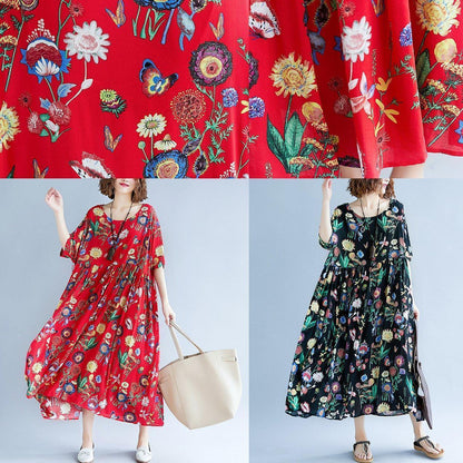 stilvolle rote Print lange Baumwoll-Leinen-Kleider lässig Kurzarm Baggy Kleider Kleid 2018 O Hals Kleid