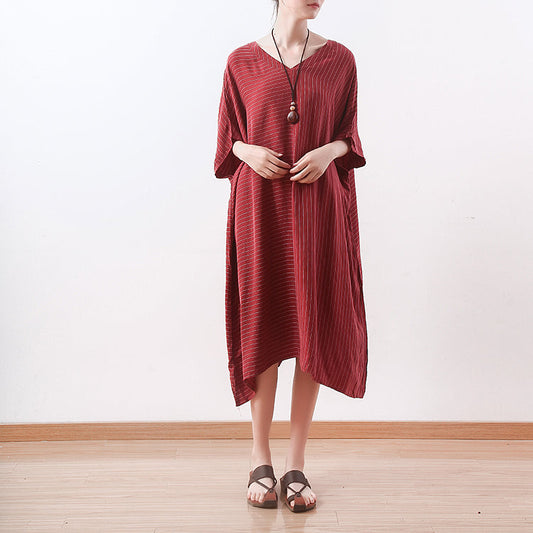 stilvolle rote Seidenkleider in Übergröße, asymmetrisches Patchwork-Seidenkleid mit Streifen, feine Seidenkaftane mit V-Ausschnitt
