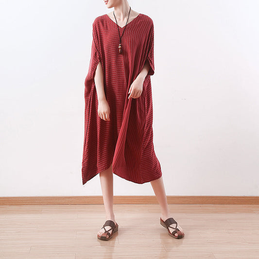 stilvolle rote Seidenkleider in Übergröße, asymmetrisches Patchwork-Seidenkleid mit Streifen, feine Seidenkaftane mit V-Ausschnitt