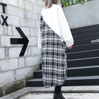 stylisches weißes kariertes Patchwork-Baumwollmischkaftan übergroßes Reisekleid mit O-Ausschnitt, feines, seitlich offenes Baggy-Kleid