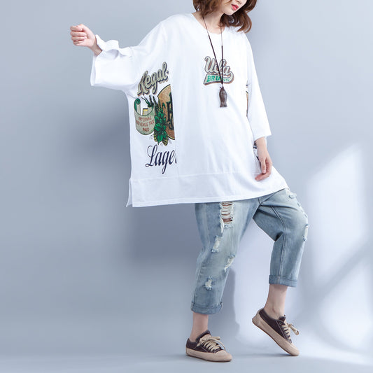 stylische weiße Baumwollweste, Maxi-T-Shirts aus Baumwolle in Übergröße, Vintage-Print, seitlich offene, halbe Ärmel, Baggy-Tops aus Baumwolle