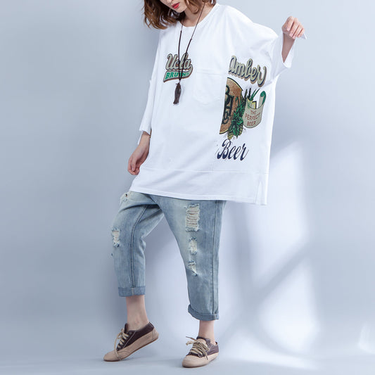 stylische weiße Baumwollweste, Maxi-T-Shirts aus Baumwolle in Übergröße, Vintage-Print, seitlich offene, halbe Ärmel, Baggy-Tops aus Baumwolle