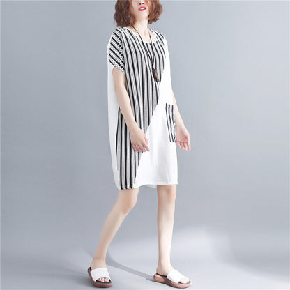 Stilvolles weißes Kleid aus natürlicher Baumwolle, Oversize-Maxikleid für Damen, kurzärmeliges Patchwork-Kleid mit O-Ausschnitt