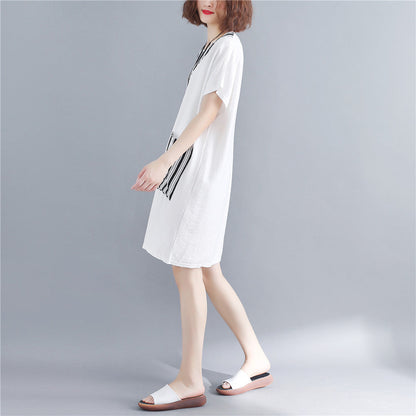 Stilvolles weißes Kleid aus natürlicher Baumwolle, Oversize-Maxikleid für Damen, kurzärmeliges Patchwork-Kleid mit O-Ausschnitt