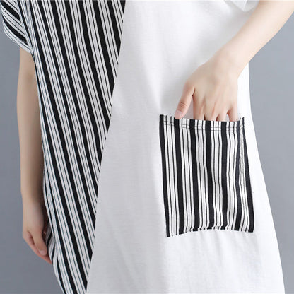 Stilvolles weißes Kleid aus natürlicher Baumwolle, Oversize-Maxikleid für Damen, kurzärmeliges Patchwork-Kleid mit O-Ausschnitt