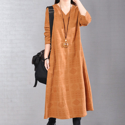 stylisches gelbes Leinen-Kniekleid, trendiges Leinenkleid in Übergröße 2018, Rückseite offen, V-Ausschnitt, Leinenkleid