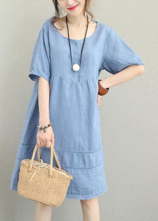 stylisches hellblaues Leinen Etuikleid Oversize Hemdkleid Damen Patchwork Spitze aushöhlen Leinen Baumwollkleid