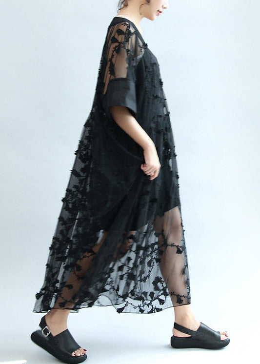 Sommer 2024 schwarze Spitzenkleider mit Stickereien, Maxikleid in Übergröße