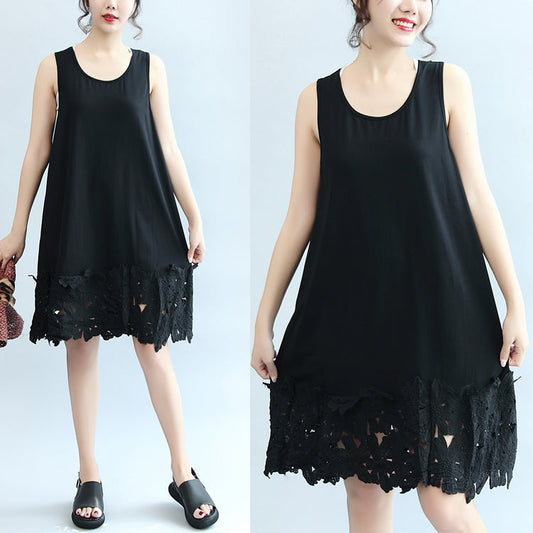 Sommer schwarzes stylisches Baumwoll-Sommerkleid Oversize-Freizeitkleider O-Ausschnitt Maxikleid