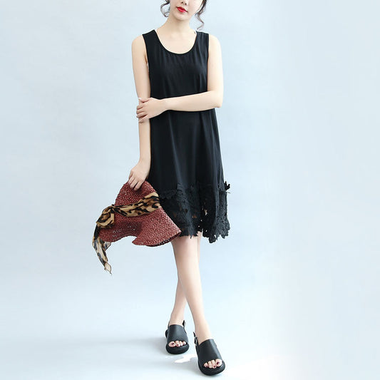 Sommer schwarzes stylisches Baumwoll-Sommerkleid Oversize-Freizeitkleider O-Ausschnitt Maxikleid