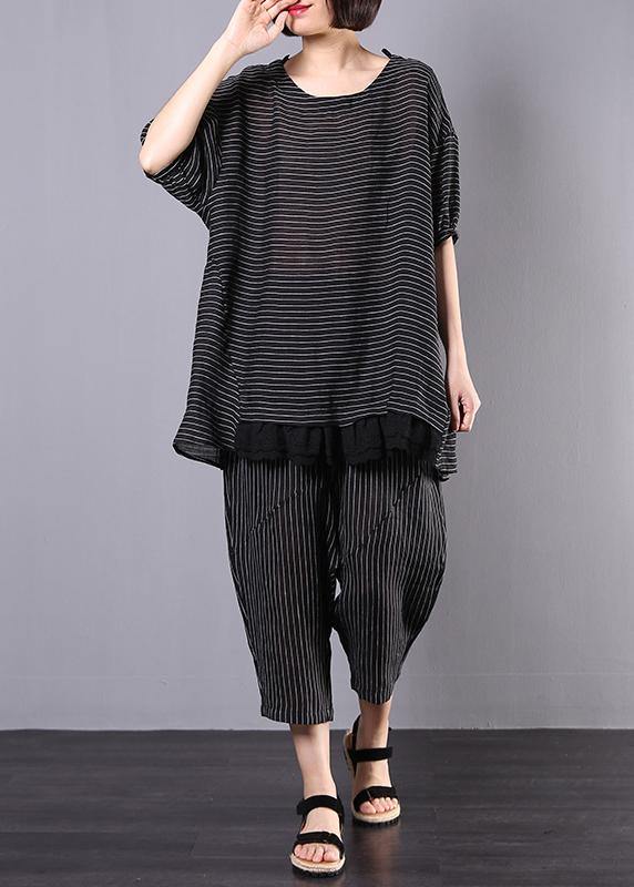 summer casual two pieces black striped patchwork tops and elastic waist women pants - SooLinen