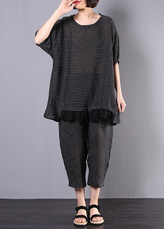summer casual two pieces black striped patchwork tops and elastic waist women pants - SooLinen