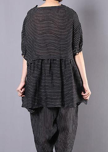 summer casual two pieces black striped patchwork tops and elastic waist women pants - SooLinen
