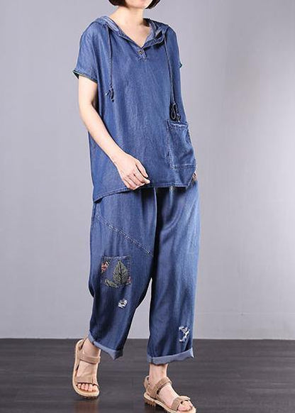 summer cotton blended blue hooded tops with elastic waist pants two pieces - SooLinen