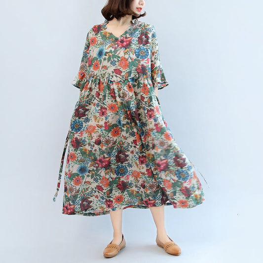 Sommerkleid mit Blumenmuster und lässiger Baumwollmischung, übergroßes Maxikleid mit Armbandärmeln