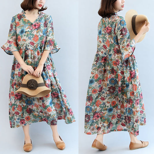 Sommerkleid mit Blumenmuster und lässiger Baumwollmischung, übergroßes Maxikleid mit Armbandärmeln