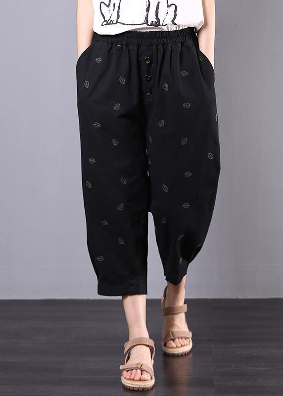 summer new black vintage leaf embroidery seven points elastic waist casual pants - SooLinen